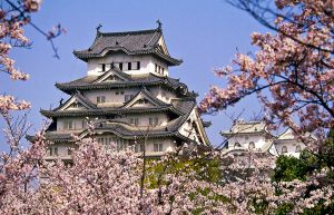 Exterior view of Himeji castle in springtime, Himeji, Hyogo Prefecture, Japan